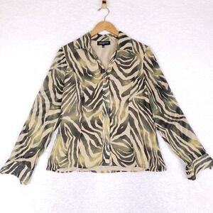 Jones New York Collection Zebra Print Button Up‎ Blouse Tan Olive Green Sz 6